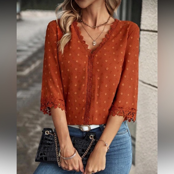 Orange Swiss Dot Lace Trim Blouse